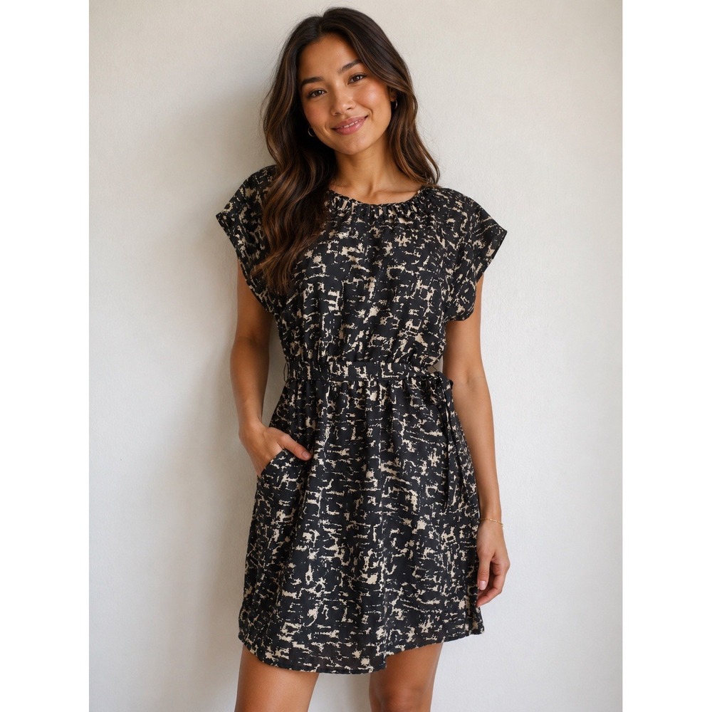 Women's Mossimo Dress Sz L elastic waist black/beige cap slv polyester - Picture 1 of 10